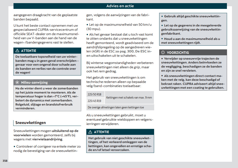 Restricties met betrekking tot het gebruik van sneeuwkettingen op de Cupra Ateca