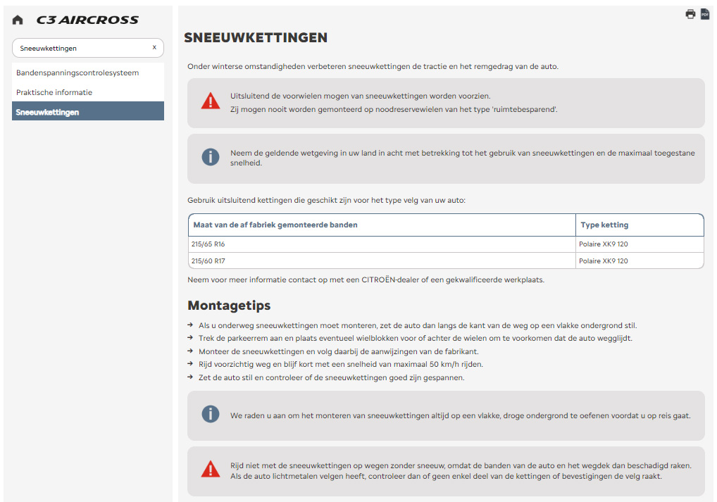 Instructieboekje Citroen C3 Aircross over sneeuwkettingen Instructieboekje Citroen C3 Aircross over sneeuwkettingen